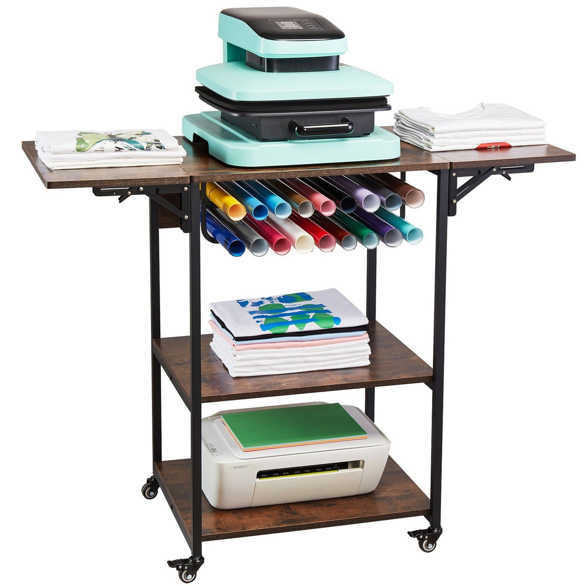 Heat Press Table, 3 Tier Movable Heat Press Stand, Foldable Heat Transfer Machine Stand with Wheels and Vinyl Roll Holder, Rolling Metal Workbench for Sublimation Transfer Machine, Brown