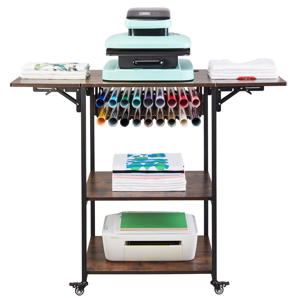 Heat Press Table, 3 Tier Movable Heat Press Stand, Foldable Heat Transfer Machine Stand with Wheels and Vinyl Roll Holder, Rolling Metal Workbench for Sublimation Transfer Machine, Brown