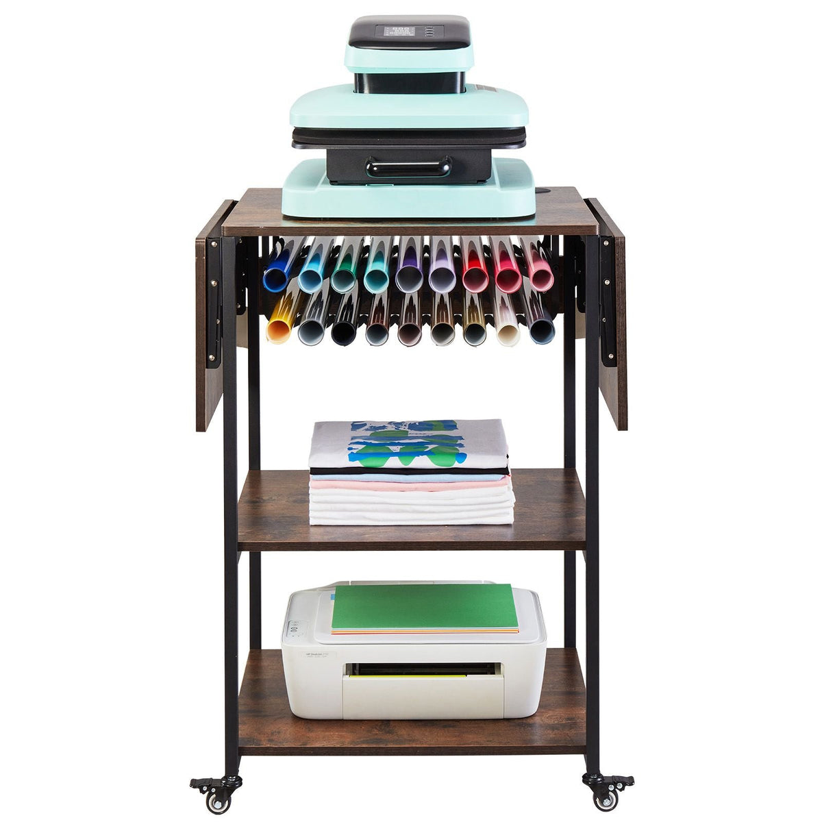 Heat Press Table, 3 Tier Movable Heat Press Stand, Foldable Heat Transfer Machine Stand with Wheels and Vinyl Roll Holder, Rolling Metal Workbench for Sublimation Transfer Machine, Brown
