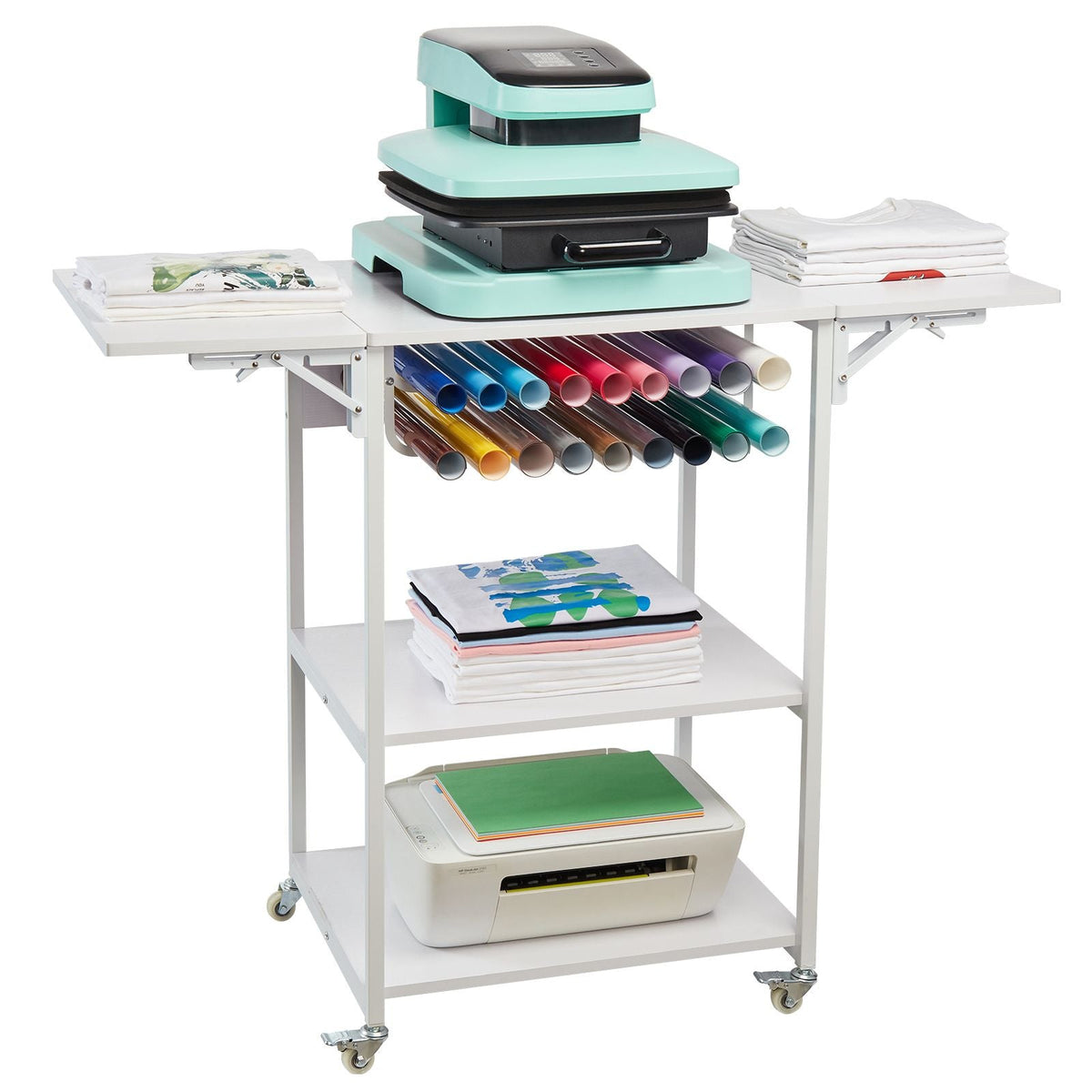 Heat Press Table, 3 Tier Movable Heat Press Stand, Foldable Heat Transfer Machine Stand with Wheels and Vinyl Roll Holder, Rolling Metal Workbench for Sublimation Transfer Machine, White