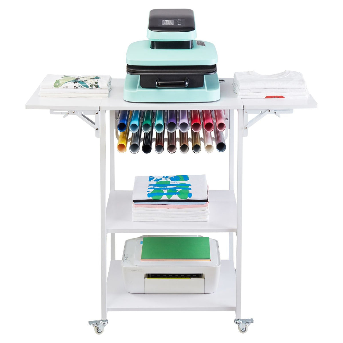 Heat Press Table, 3 Tier Movable Heat Press Stand, Foldable Heat Transfer Machine Stand with Wheels and Vinyl Roll Holder, Rolling Metal Workbench for Sublimation Transfer Machine, White