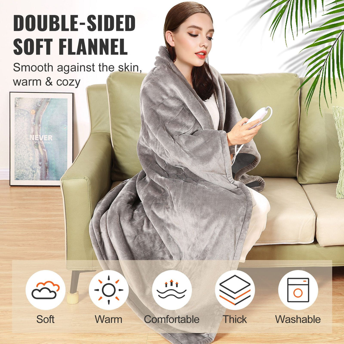 Heated Blanket Electric Throw, 72" x 84" Full Size, Soft Flannel Heating Blanket with 10 Hours Timer Auto-off & 5 Heating Levels for Couch Sofa, Machine Washable, ETL & FCC Certification (Grey)
