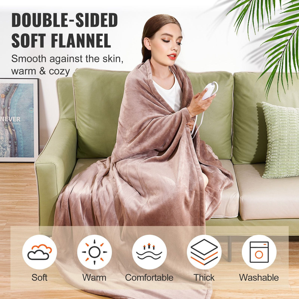 Heated Blanket Electric Throw, 84" x 90" Queen Size, Soft Flannel Heating Blanket with 10 Hours Timer Auto-off & 5 Heating Levels, Dual Control, Machine Washable, ETL & FCC Certification (Beige)