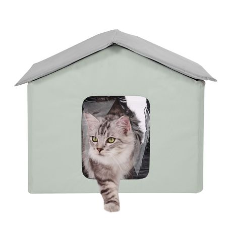 Heated Cat House, Outdoor Kitty Shelter with Adjustable Temperature and Timer, 600D Oxford Cloth Foldable Cat Shelter with Heated Pad for Winter to Stay Warm and Cozy, Green (Middle)