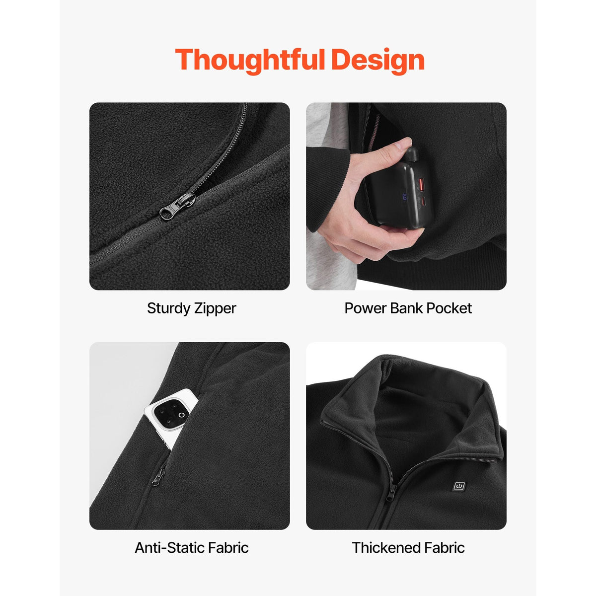 Heated Fleece Jacket for Men, Heated Sweatshirt with 7.4V 16000mAh Rechargeable Power Bank Pack, 6 Heating Zones, 3 Temp Levels, 3h/6h/10h Warmth, for Winter Outdoor Camping, Black, M Size