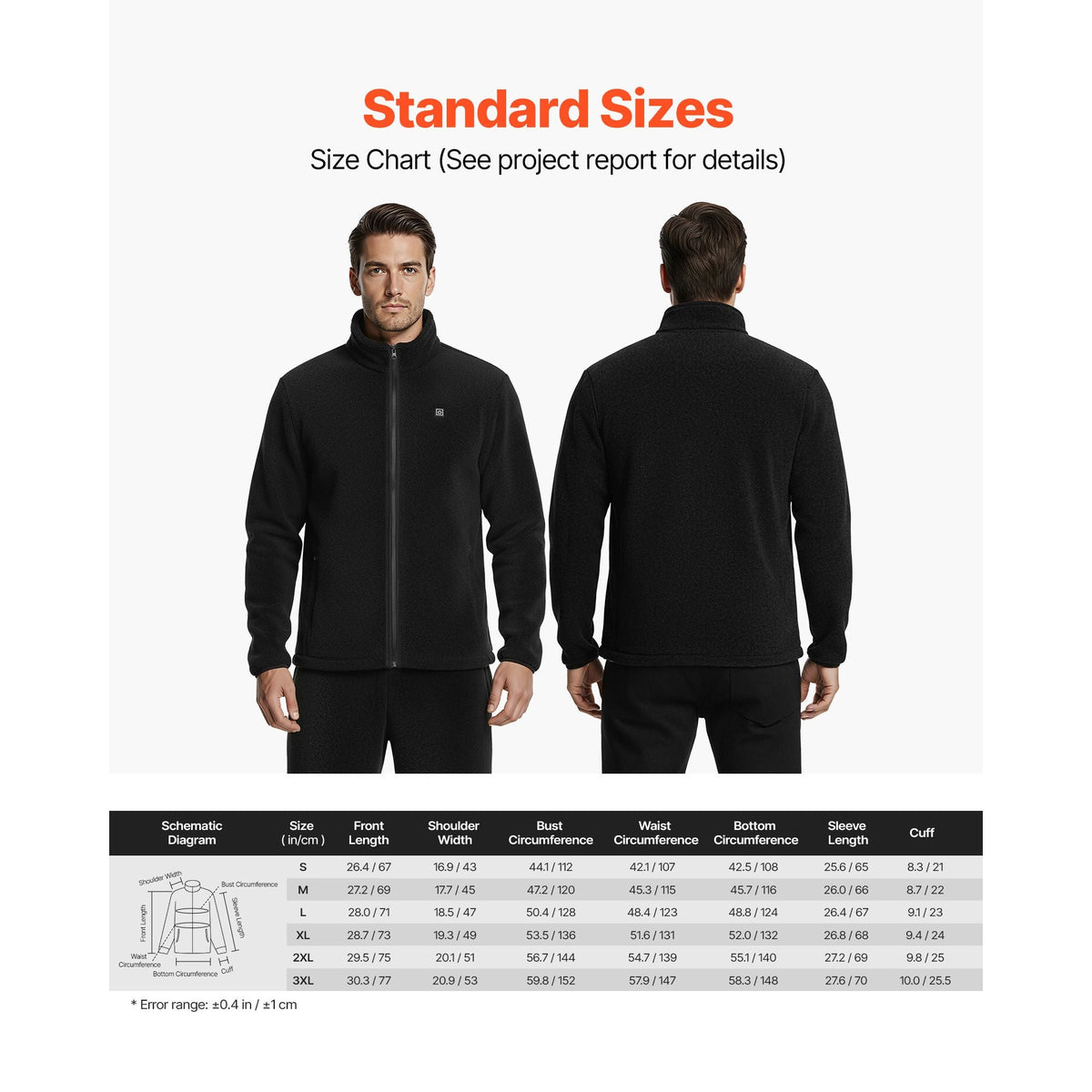 Heated Fleece Jacket for Men, Heated Sweatshirt with 7.4V 16000mAh Rechargeable Power Bank Pack, 6 Heating Zones, 3 Temp Levels, 3h/6h/10h Warmth, for Winter Outdoor Camping, Black, XXL Size