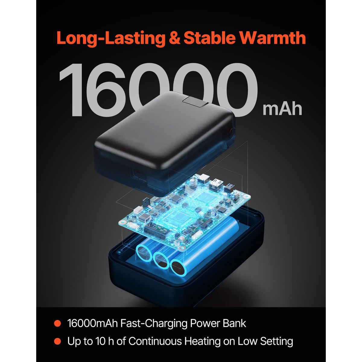 Heated Fleece Jacket for Men, Heated Sweatshirt with 7.4V 16000mAh Rechargeable Power Bank Pack, 6 Heating Zones, 3 Temp Levels, 3h/6h/10h Warmth, for Winter Outdoor Camping, Black, XXXL Size
