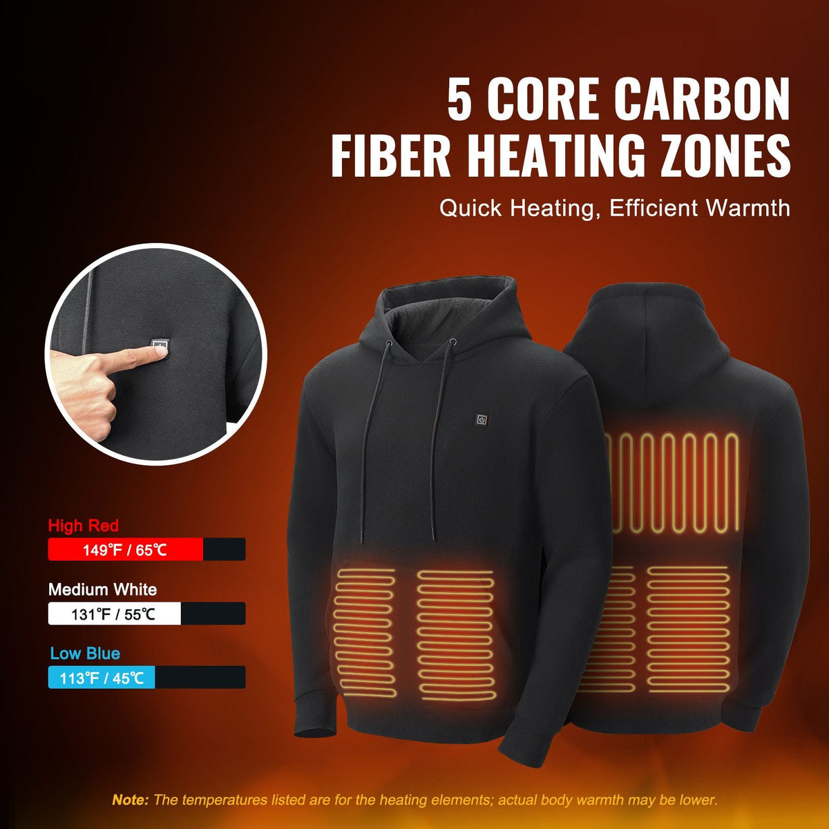 Heated Hoodie, Unisex Heated Sweatshirt with Battery Pack 7.4V, Electric Jacket with 5 Heating Zones for Men & Women, Lightweight Warm Heated Outdoor Pullover for Fishing Camping, M Size Black