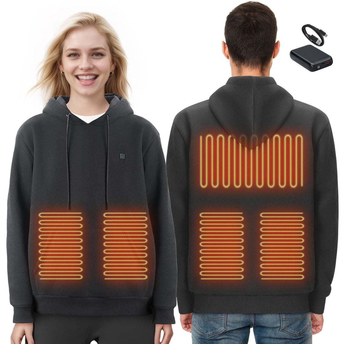 Heated Hoodie, Unisex Heated Sweatshirt with Battery Pack 7.4V, Electric Jacket with 5 Heating Zones for Men & Women, Lightweight Warm Heated Outdoor Pullover for Fishing Camping, M Size Black