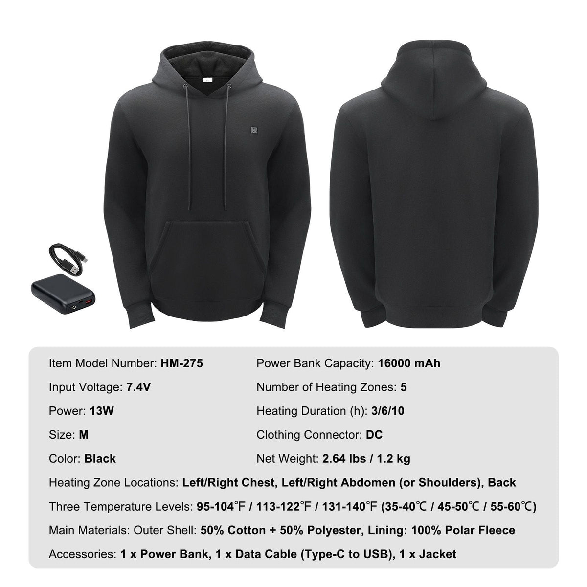 Heated Hoodie, Unisex Heated Sweatshirt with Battery Pack 7.4V, Electric Jacket with 5 Heating Zones for Men & Women, Lightweight Warm Heated Outdoor Pullover for Fishing Camping, M Size Black