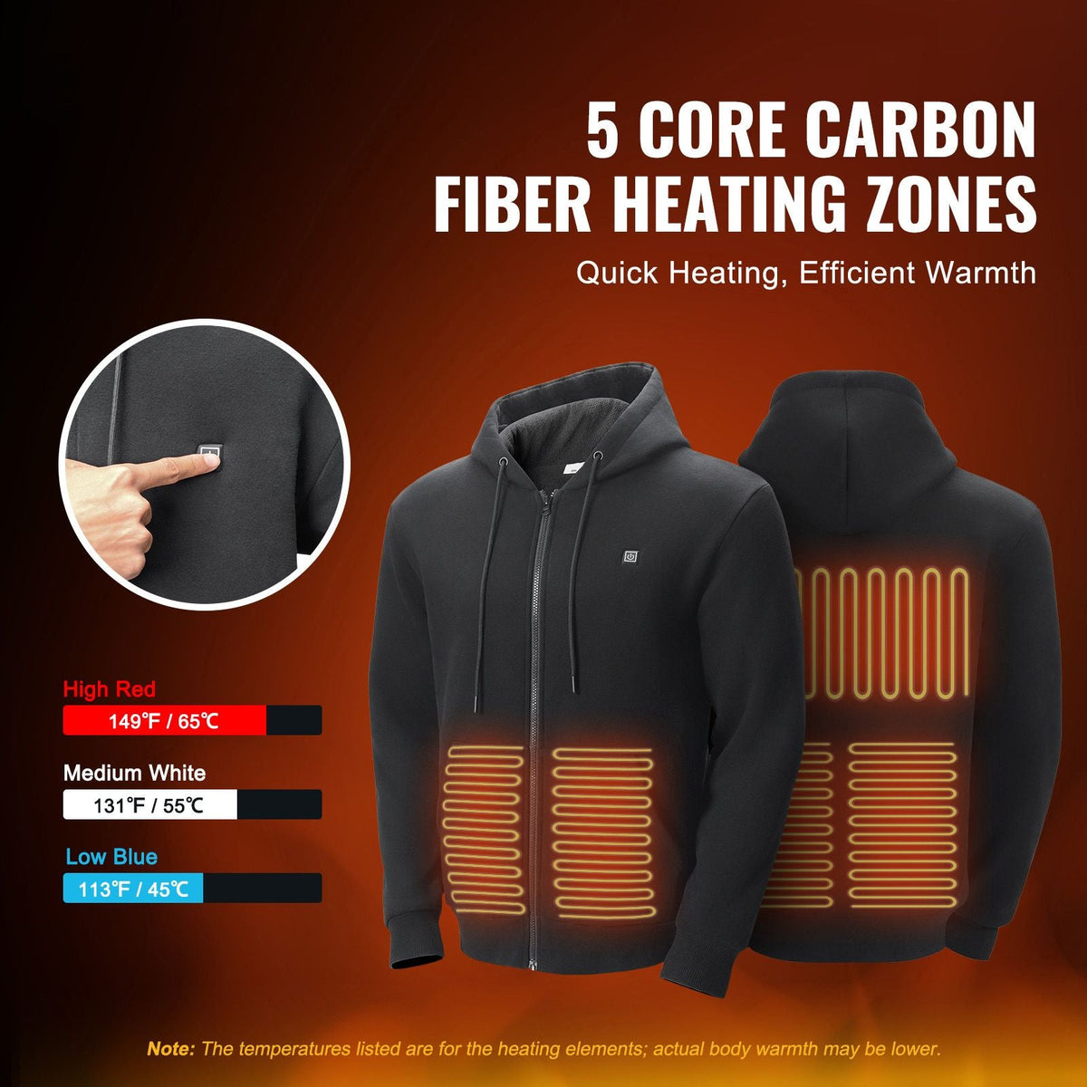 Heated Hoodie, Unisex Heated Sweatshirt with Battery Pack 7.4V, Zip Up Electric Jacket with 5 Heating Zones for Men & Women, Lightweight Warm Heated Outdoor Pullover for Camping, S Size Black