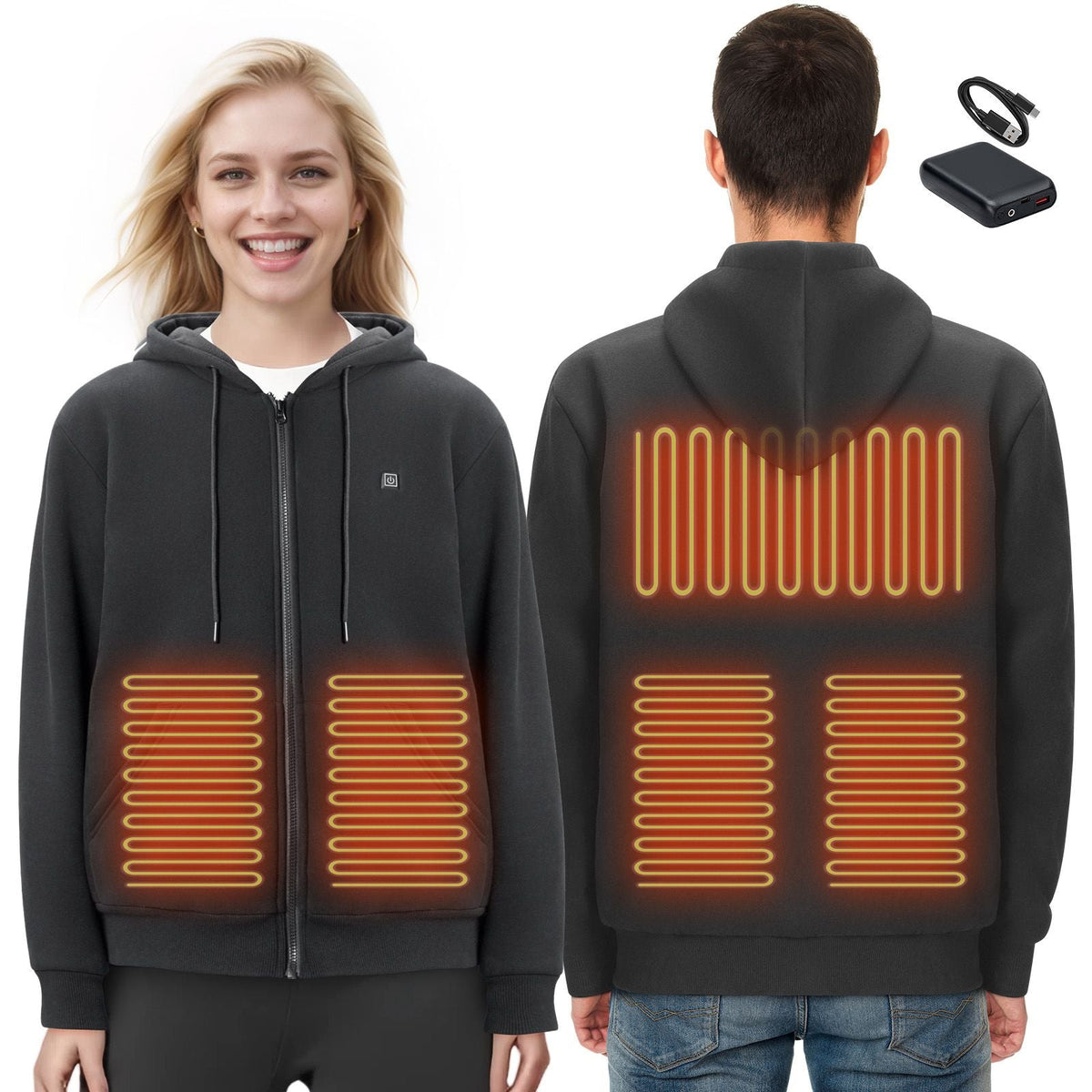 Heated Hoodie, Unisex Heated Sweatshirt with Battery Pack 7.4V, Zip Up Electric Jacket with 5 Heating Zones for Men & Women, Lightweight Warm Heated Outdoor Pullover for Camping, XL Size Black