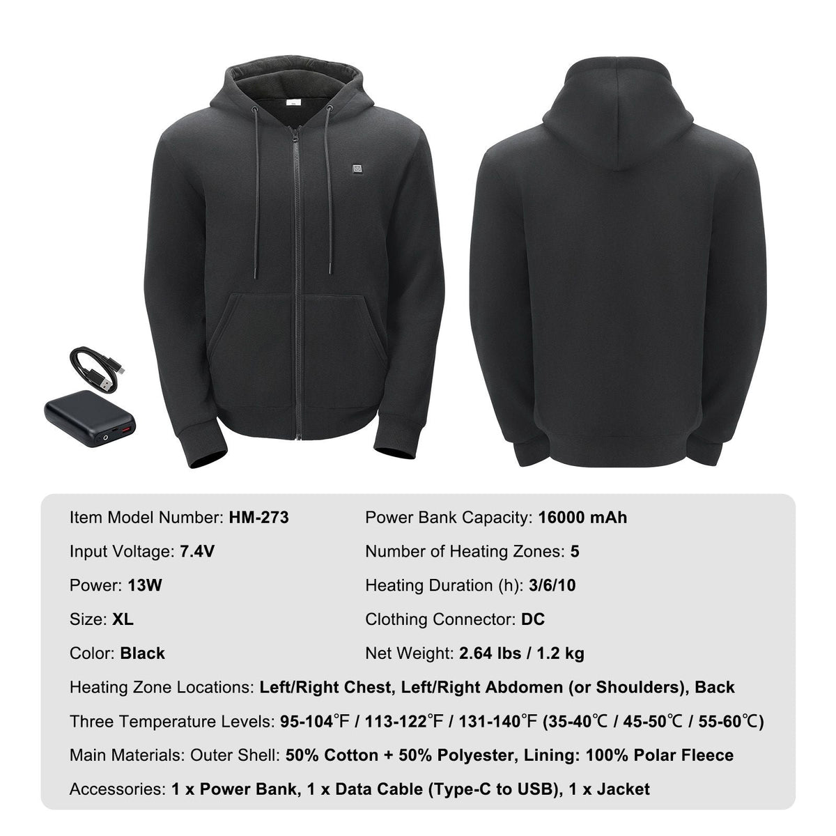 Heated Hoodie, Unisex Heated Sweatshirt with Battery Pack 7.4V, Zip Up Electric Jacket with 5 Heating Zones for Men & Women, Lightweight Warm Heated Outdoor Pullover for Camping, XL Size Black