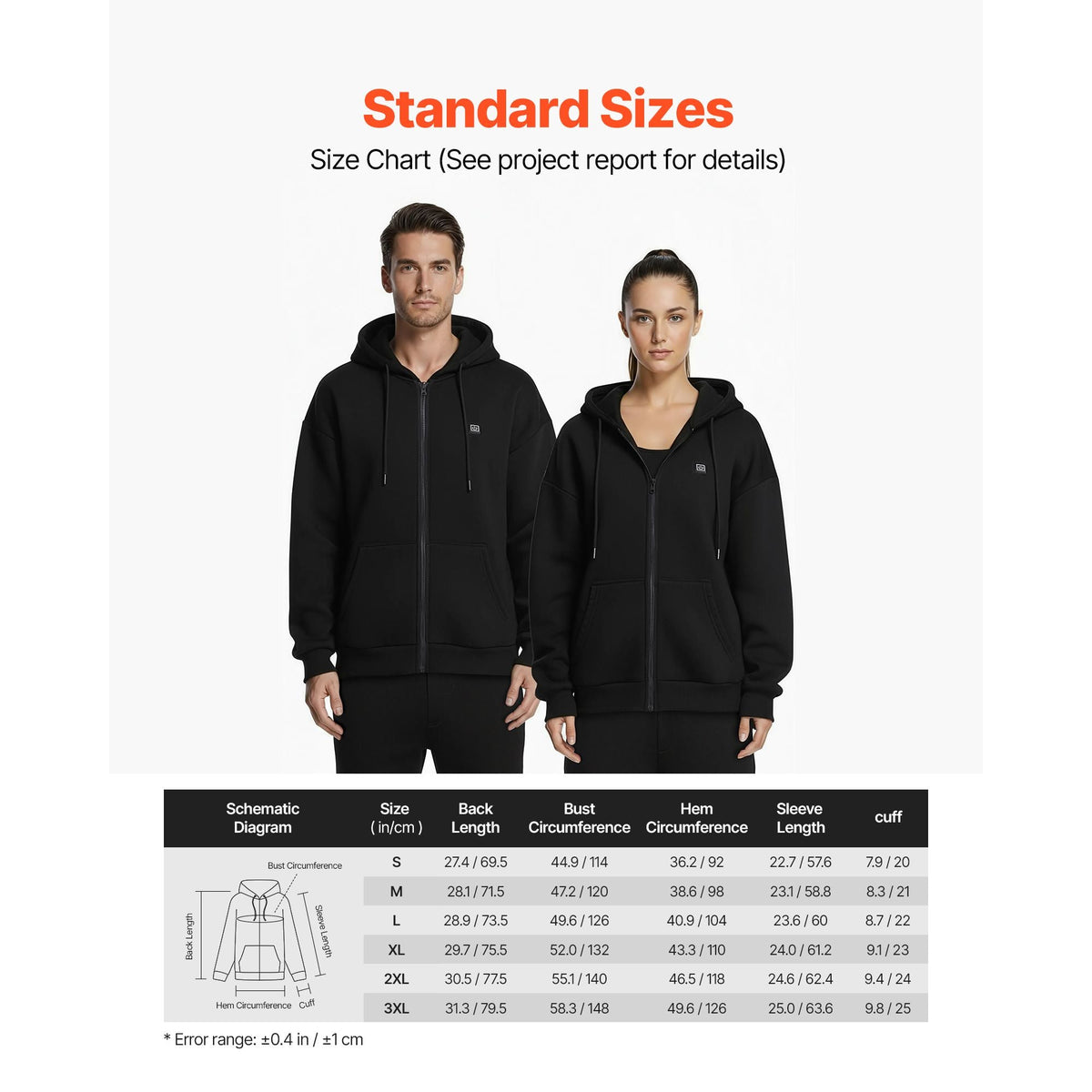 Heated Jacket Hoodie for Men Women, Heated Sweatshirt Unisex Full-Zip with 7.4V 16000mAh Power Bank Pack, 5 Heating Zones, 3 Temp Levels, 4-8H Warmth, for Winter Outdoor Camping, Black, XXL Size