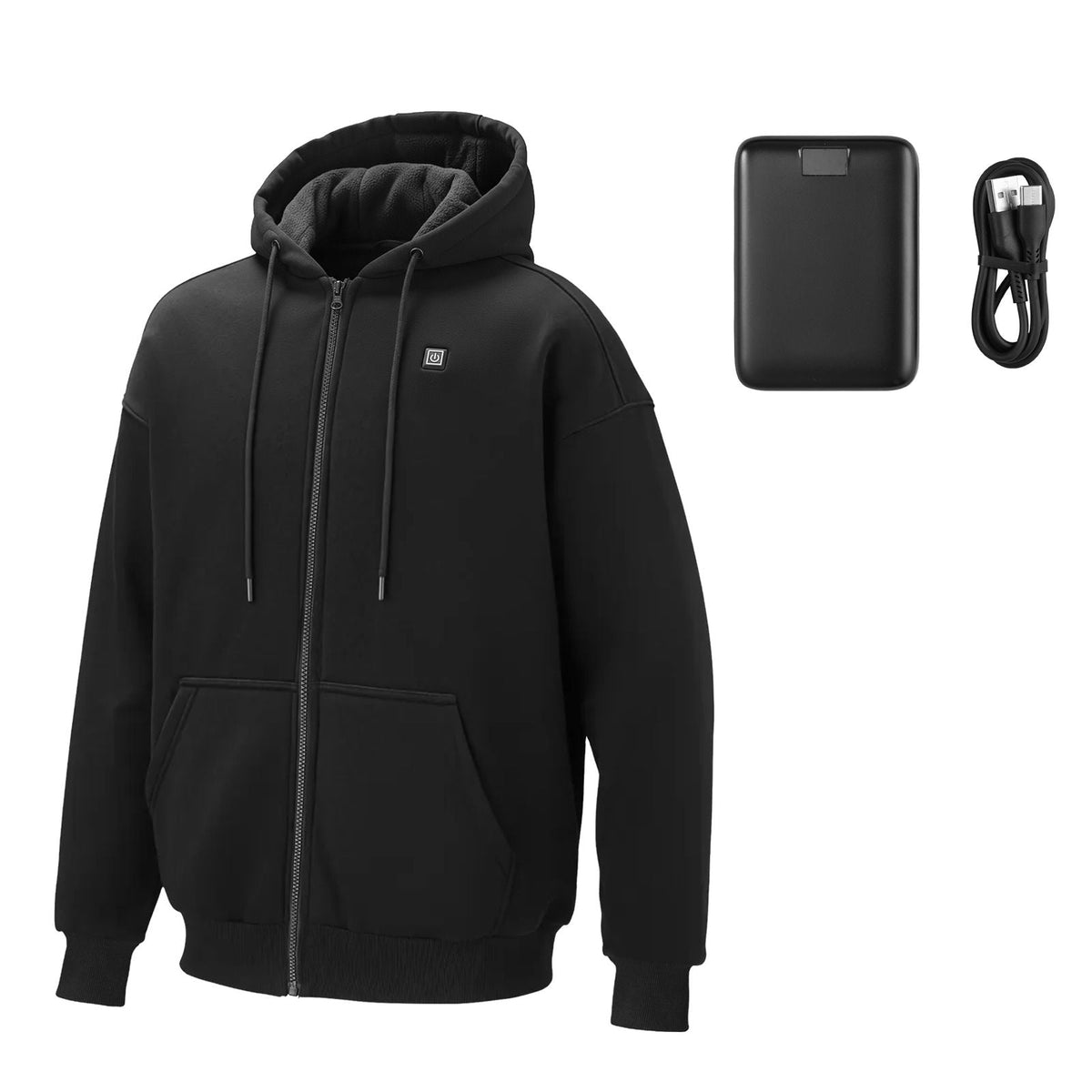 Heated Jacket Hoodie for Men Women, Heated Sweatshirt Unisex Full-Zip with 7.4V 16000mAh Power Bank Pack, 5 Heating Zones, 3 Temp Levels, 4-8H Warmth, for Winter Outdoor Camping, Black, XXL Size