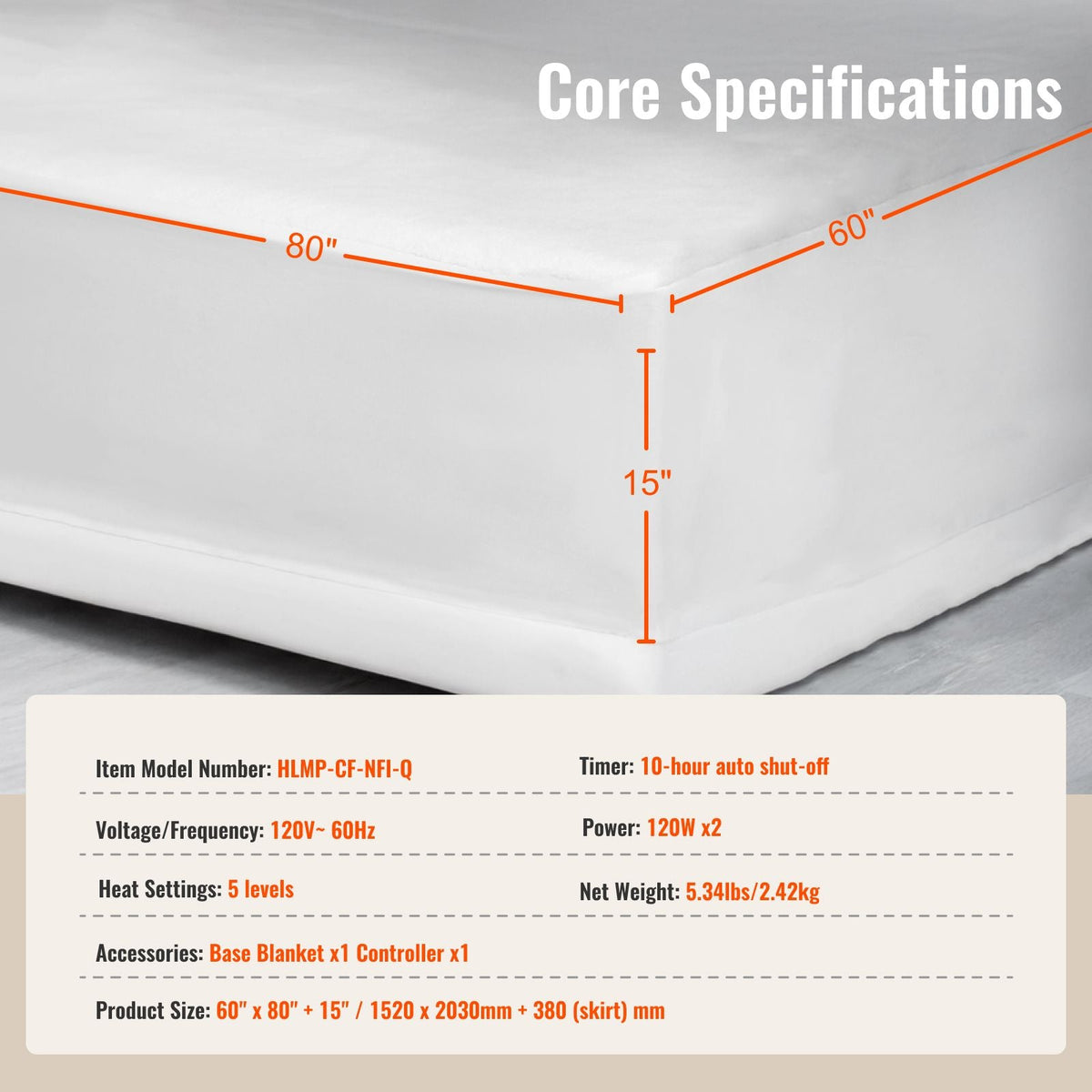 Heated Mattress Pad, 60 x 80 in, Queen Electric Bed Warmer with 1-5 Heat Settings Control, 10-Hour Auto Shut Off, Machine-Wash Breathable Coral Fleece Heating Electric Mattress Sheets, White