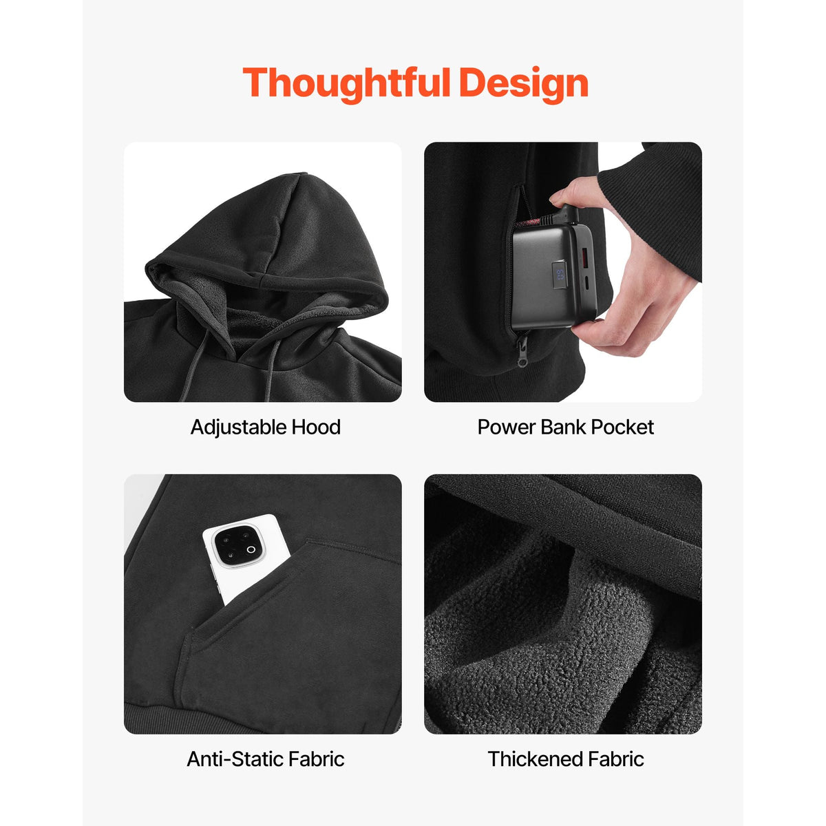 Heated Sweatshirt Hoodie for Men Women, Heated Jacket Unisex with 7.4V 16000mAh Rechargeable Power Bank Pack, 5 Heating Zones, 3 Temp Levels, 4-8H Warmth, for Winter Outdoor Camping, Black, S Size