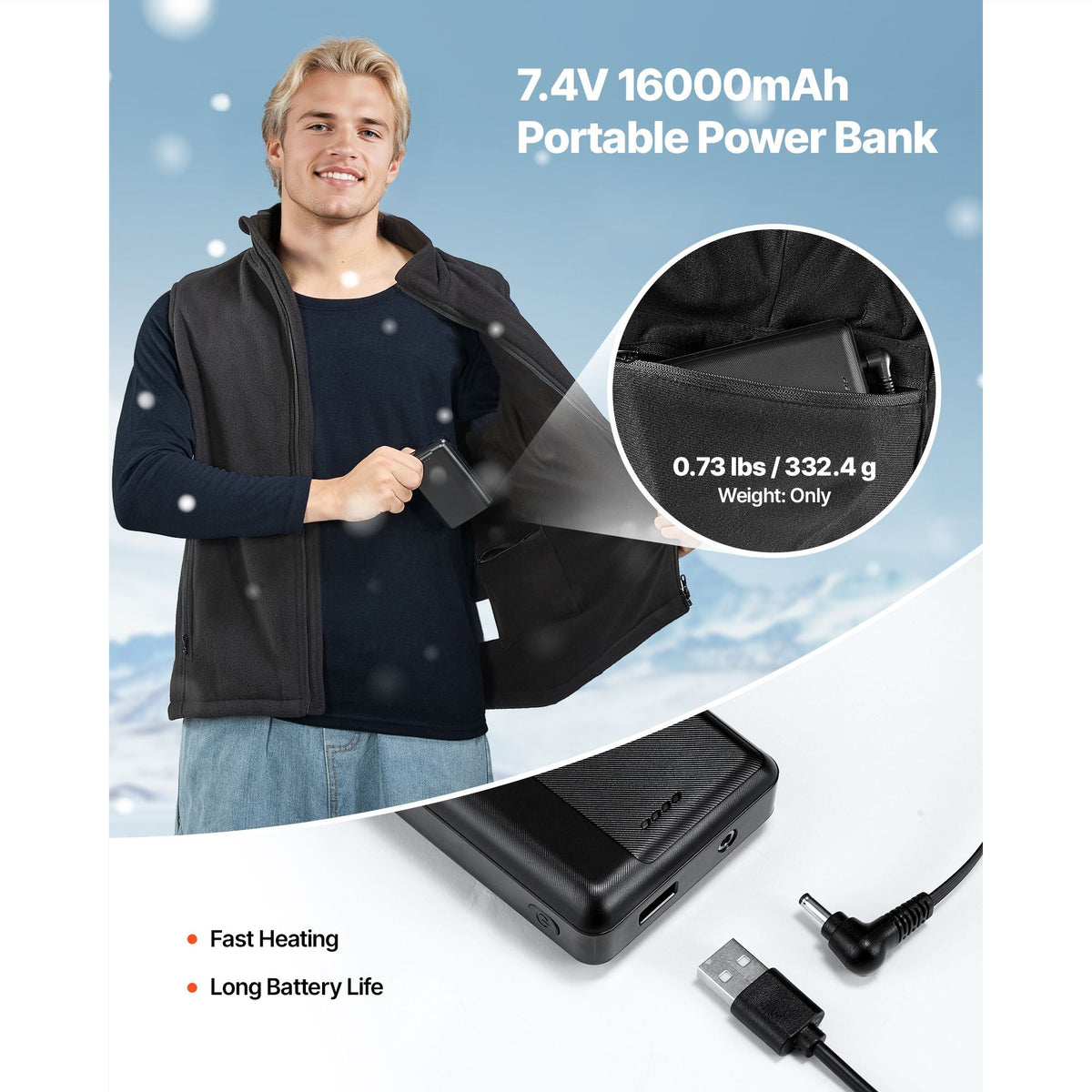 Heated Vest, Men Electric Heating Vest with 16000 mAh Battery Pack, 6 Heating Zones Lightweight Rechargeable Winter-Vest with 3 Levels, for Outdoor Hiking Camping Fishing Skiing, Size XL