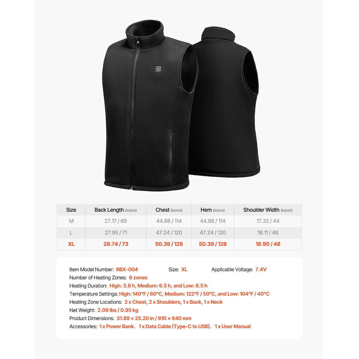 Heated Vest, Men Electric Heating Vest with 16000 mAh Battery Pack, 6 Heating Zones Lightweight Rechargeable Winter-Vest with 3 Levels, for Outdoor Hiking Camping Fishing Skiing, Size XL