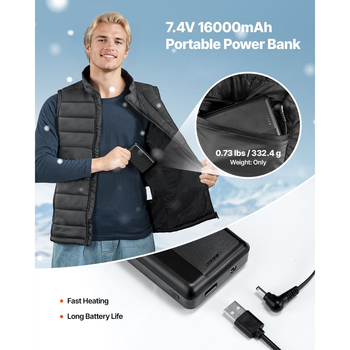 Heated Vest, Men Electric Heating Vest with 16000 mAh Battery Pack, 8 Heating Zones Lightweight Rechargeable Winter-Vest with 3 Levels, for Outdoor Hiking Camping Fishing Skiing, Size L