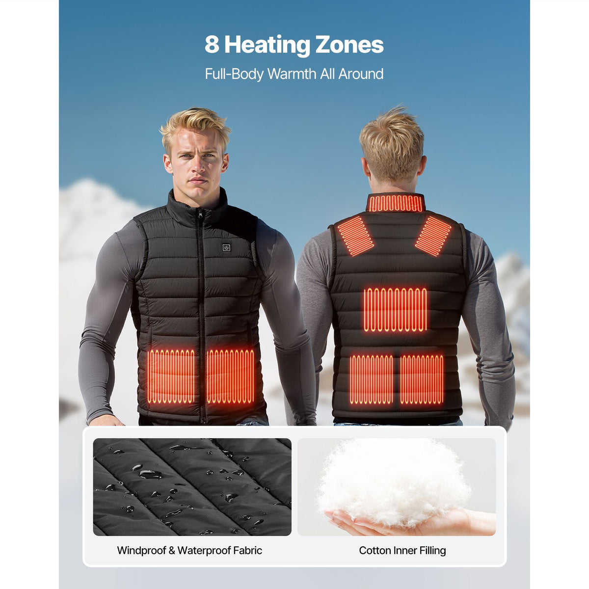 Heated Vest, Men Electric Heating Vest with 16000 mAh Battery Pack, 8 Heating Zones Lightweight Rechargeable Winter-Vest with 3 Levels, for Outdoor Hiking Camping Fishing Skiing, Size XL