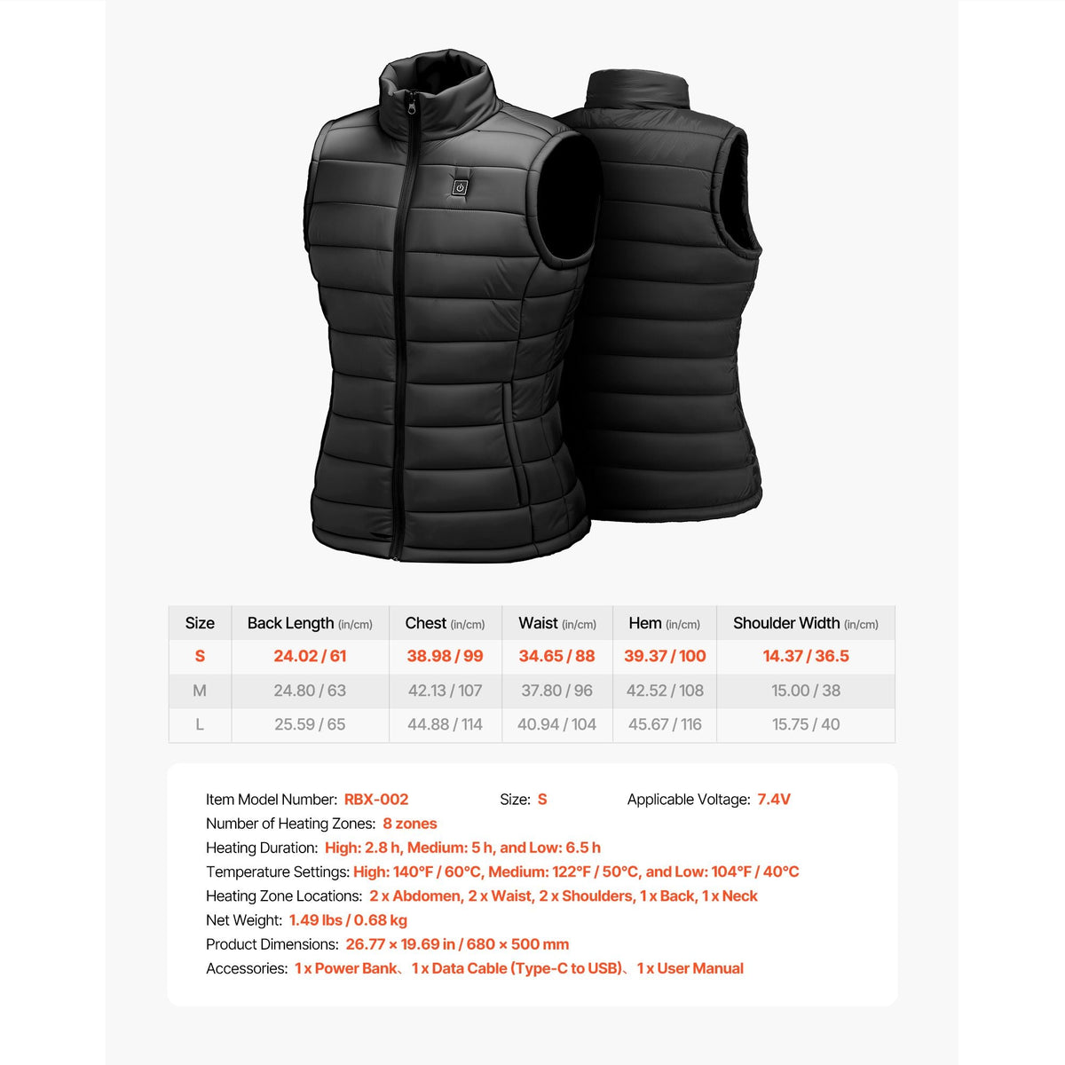 Heated Vest, Women Electric Heating Vest with 16000 mAh Battery Pack, 8 Heating Zones Lightweight Rechargeable Winter-Vest with 3 Levels, for Outdoor Hiking Camping Fishing Skiing, Size S