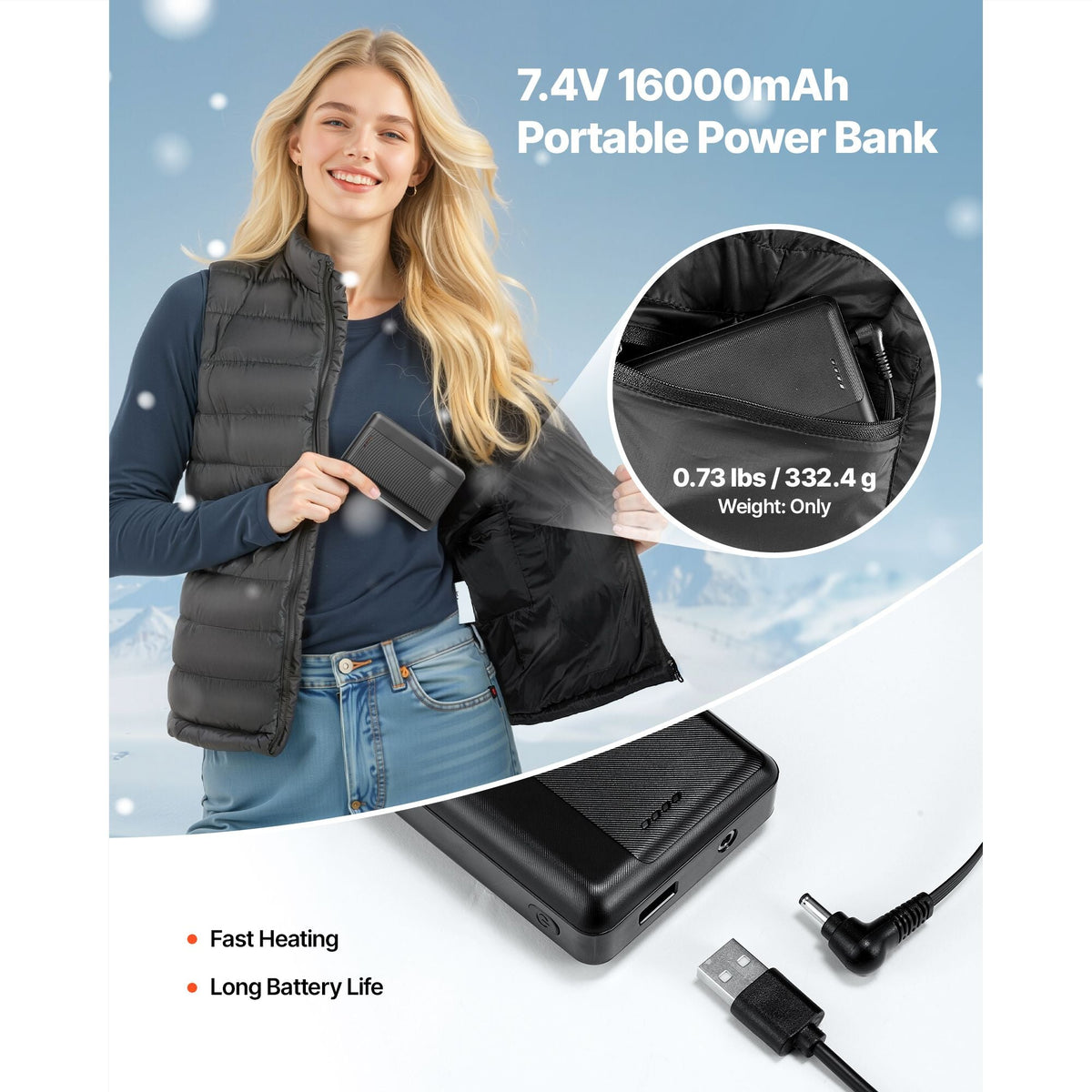 Heated Vest, Women Electric Heating Vest with 16000 mAh Battery Pack, 8 Heating Zones Lightweight Rechargeable Winter-Vest with 3 Levels, for Outdoor Hiking Camping Fishing Skiing, Size S