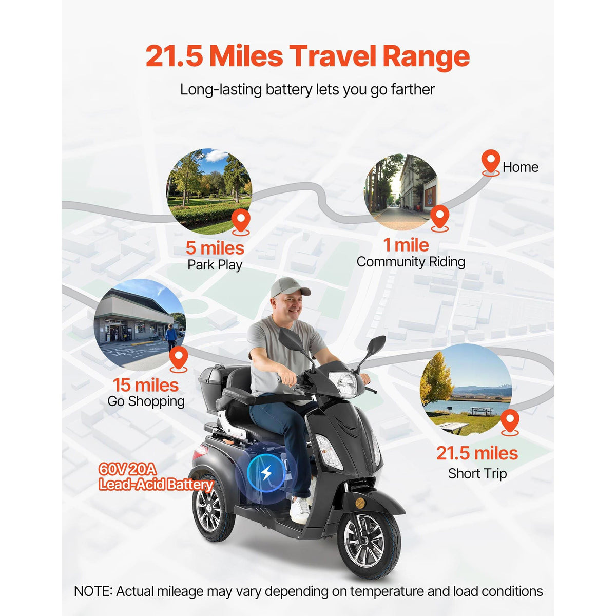 Heavy Duty 3-Wheel Mobility Scooters for Seniors & Adults, 500lbs Capacity, 21.5 Miles 3-Speed Long Range, 1000W All Terrain Electric Recreational Scooter Wheelchair, 20° Max Climbing Capacity