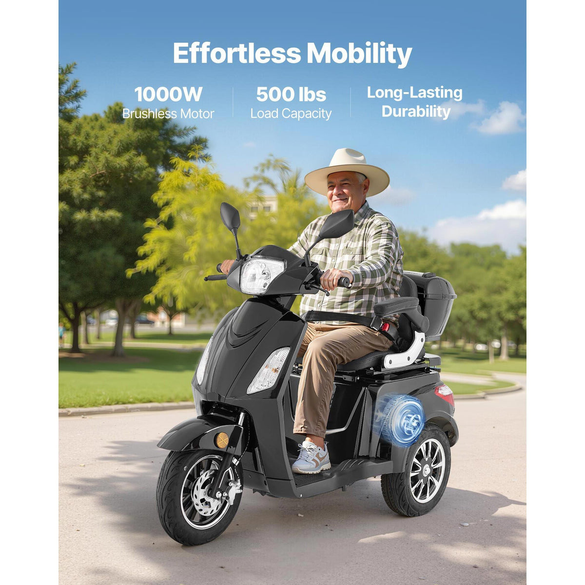 Heavy Duty 3-Wheel Mobility Scooters for Seniors & Adults, 500lbs Capacity, 21.5 Miles 3-Speed Long Range, 1000W All Terrain Electric Recreational Scooter Wheelchair, 20° Max Climbing Capacity