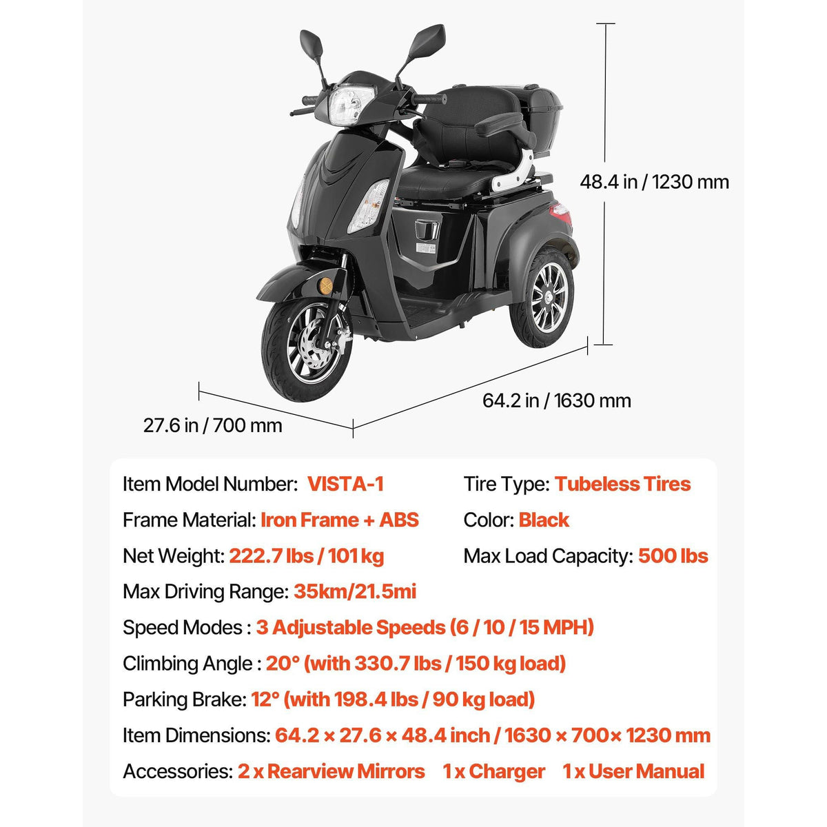 Heavy Duty 3-Wheel Mobility Scooters for Seniors & Adults, 500lbs Capacity, 21.5 Miles 3-Speed Long Range, 1000W All Terrain Electric Recreational Scooter Wheelchair, 20° Max Climbing Capacity