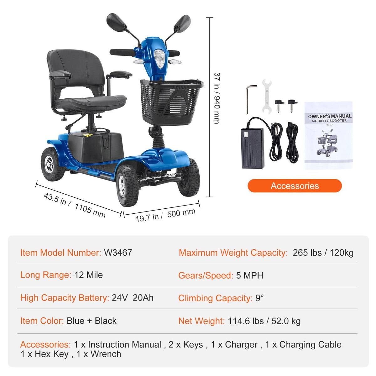 Heavy-Duty 4 Wheel Mobility Scooter for Adults & Seniors - Folding Electric Powered Mobility Scooter & 12 Mile Long Range, All Terrain Travel Scooter with 9° Climbing Capacity, 265lb Capacity