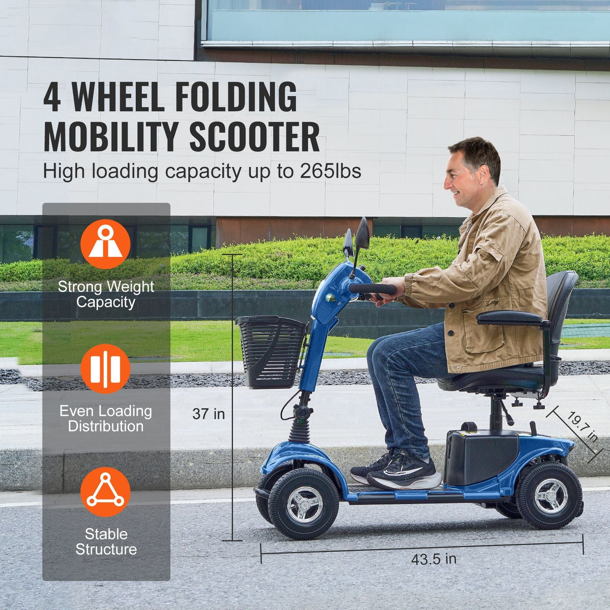 Heavy-Duty 4 Wheel Mobility Scooter for Adults & Seniors - Folding Electric Powered Mobility Scooter & 12 Mile Long Range, All Terrain Travel Scooter with 9° Climbing Capacity, 265lb Capacity