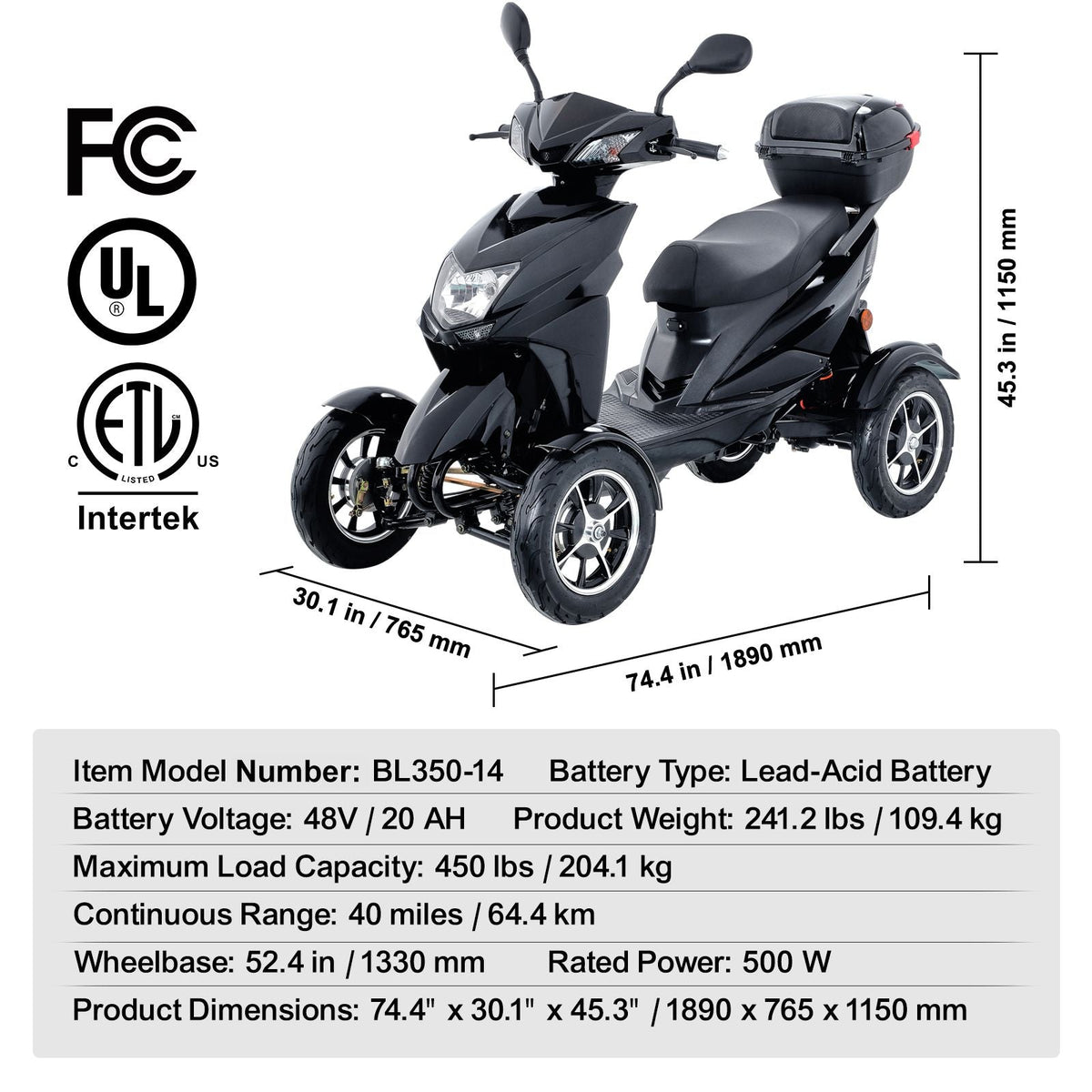 Heavy Duty 4-Wheel Mobility Scooters for Seniors & Adults 450lbs Capacity - 40 Miles 3-Speed Long Range, 500W All Terrain Electric Recreational Scooter Wheelchair with 20° Max Climbing Capacity