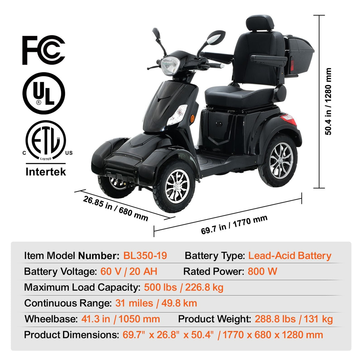 Heavy Duty 4-Wheel Mobility Scooters for Seniors & Adults 500lbs Capacity - 31 Miles 3-Speed Long Range, 800W All Terrain Electric Recreational Scooter Wheelchair with 25° Max Climbing Capacity