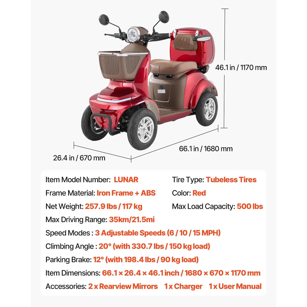 Heavy Duty 4-Wheel Mobility Scooters for Seniors & Adults, 500lbs Capacity, 21.5 Miles 3-Speed Long Range, 1000W All Terrain Electric Recreational Scooter Wheelchair, 20° Max Climbing Capacity
