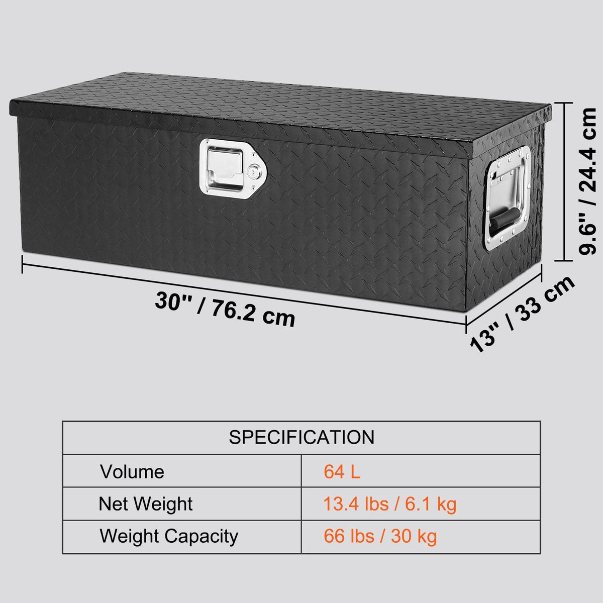 Heavy Duty Aluminum Truck Bed Tool Box, Diamond Plate Tool Box with Side Handle and Lock Keys, Storage Tool Box Chest Box Organizer for Pickup, RV, Trailer, Truck Bed, 30"x13"x9.6", Black