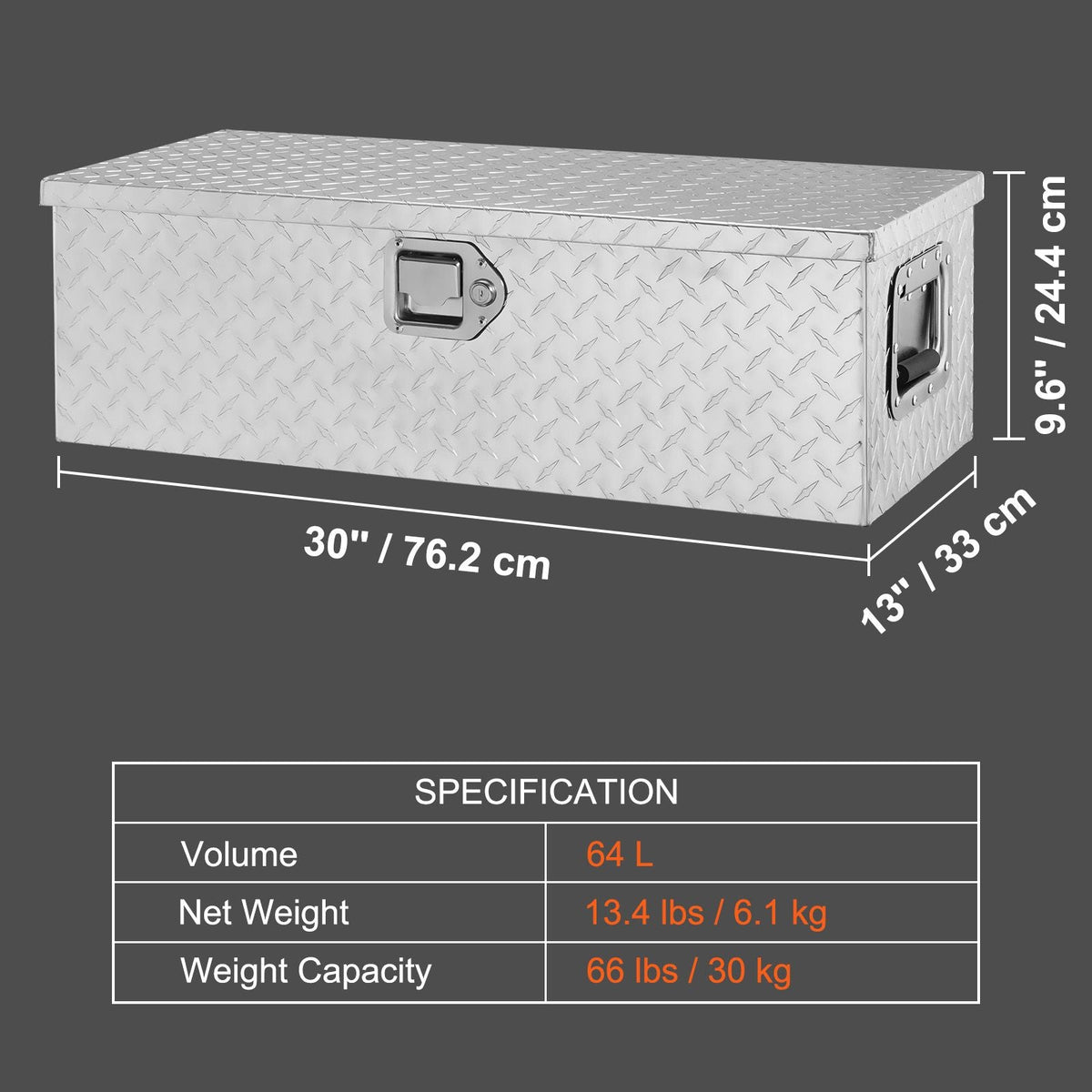 Heavy Duty Aluminum Truck Bed Tool Box, Diamond Plate Tool Box with Side Handle and Lock Keys, Storage Tool Box Chest Box Organizer for Pickup, Truck Bed, RV, Trailer, 30"x13"x9.6", Silver