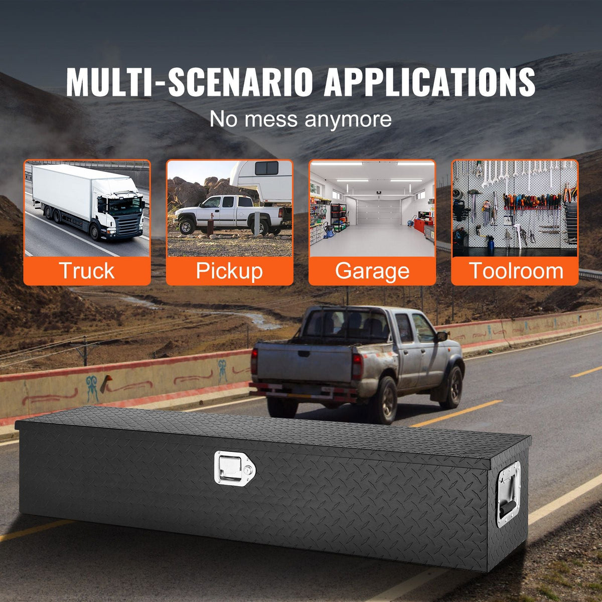 Heavy Duty Aluminum Truck Bed Tool Box, Diamond Plate Tool Box with Side Handle and Lock Keys, Storage Tool Box Chest Box Organizer for Pickup, Truck Bed, RV, Trailer, 48"x15"x15", Black