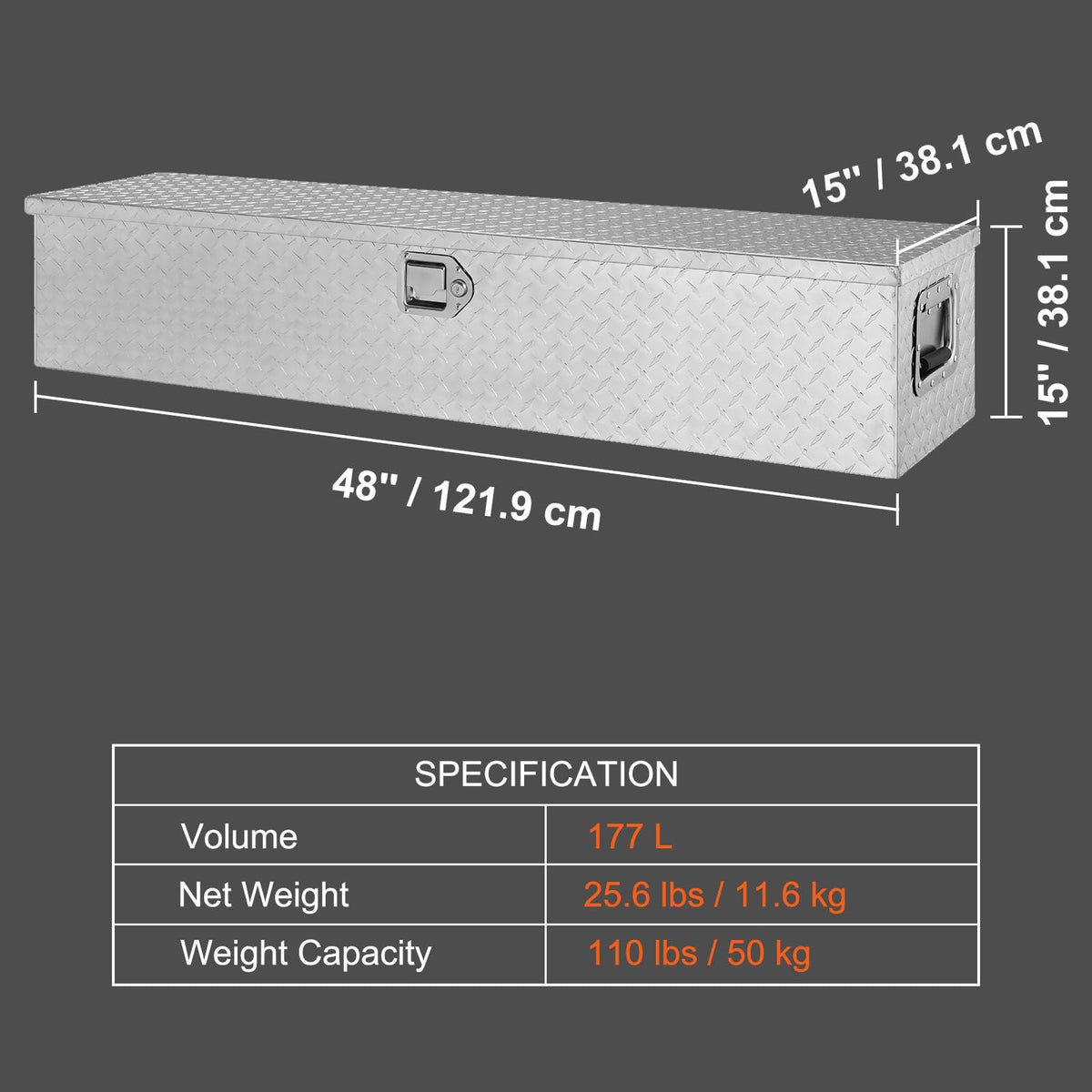 Heavy Duty Aluminum Truck Bed Tool Box, Diamond Plate Tool Box with Side Handle and Lock Keys, Storage Tool Box Chest Box Organizer for Pickup, Truck Bed, RV, Trailer, 48"x15"x15", Silver