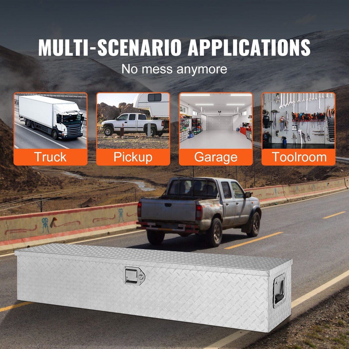 Heavy Duty Aluminum Truck Bed Tool Box, Diamond Plate Tool Box with Side Handle and Lock Keys, Storage Tool Box Chest Box Organizer for Pickup, Truck Bed, RV, Trailer, 48"x15"x15", Silver