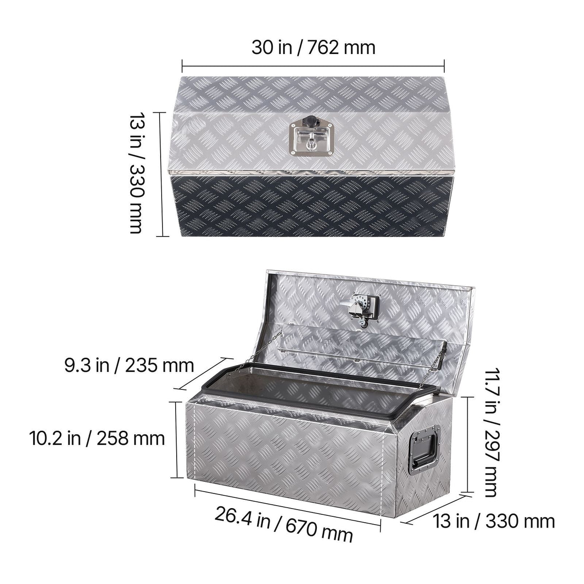 Heavy Duty Aluminum Truck Bed Tool Box, Stripes Plated Tool Box with Side Handle and T-Lock Keys, Storage Toolbox Chest Organizer for Trailer, Pickup, Truck Bed, RV, 30"x13"x13", Silver