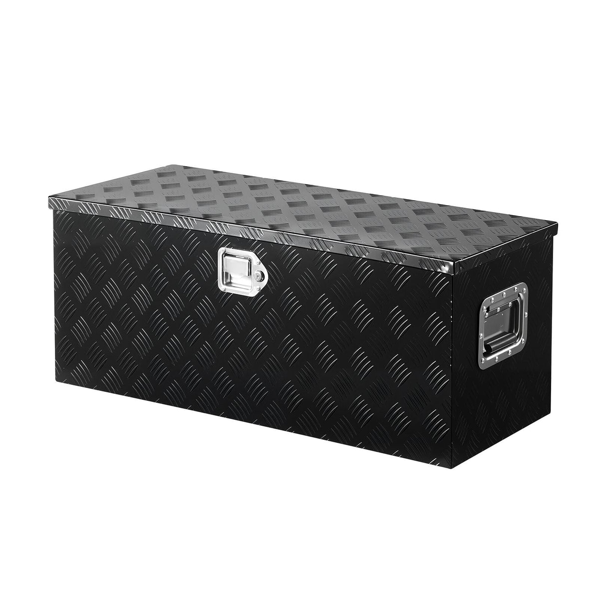 Heavy Duty Aluminum Truck Bed Tool Box, Stripes Plated Tool Box with Sliding Shelf, Side Handle, Lock & Keys, Storage Toolbox Chest for Trailer, Pickup, Truck Bed, RV, 35.4"x14.6"x14.6", Black