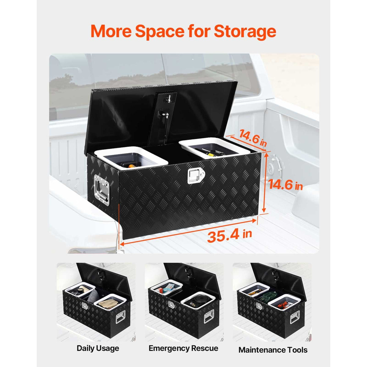 Heavy Duty Aluminum Truck Bed Tool Box, Stripes Plated Tool Box with Sliding Shelf, Side Handle, Lock & Keys, Storage Toolbox Chest for Trailer, Pickup, Truck Bed, RV, 35.4"x14.6"x14.6", Black