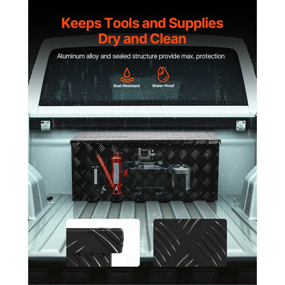 Heavy Duty Aluminum Truck Bed Tool Box, Stripes Plated Tool Box with Sliding Shelf, Side Handle, Lock & Keys, Storage Toolbox Chest for Trailer, Pickup, Truck Bed, RV, 35.4"x14.6"x14.6", Black