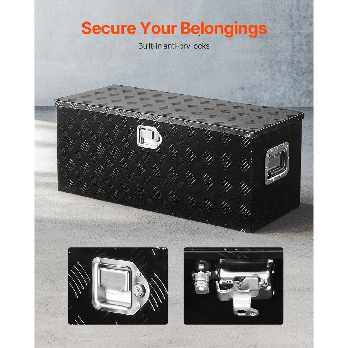 Heavy Duty Aluminum Truck Bed Tool Box, Stripes Plated Tool Box with Sliding Shelf, Side Handle, Lock & Keys, Storage Toolbox Chest for Trailer, Pickup, Truck Bed, RV, 35.4"x14.6"x14.6", Black