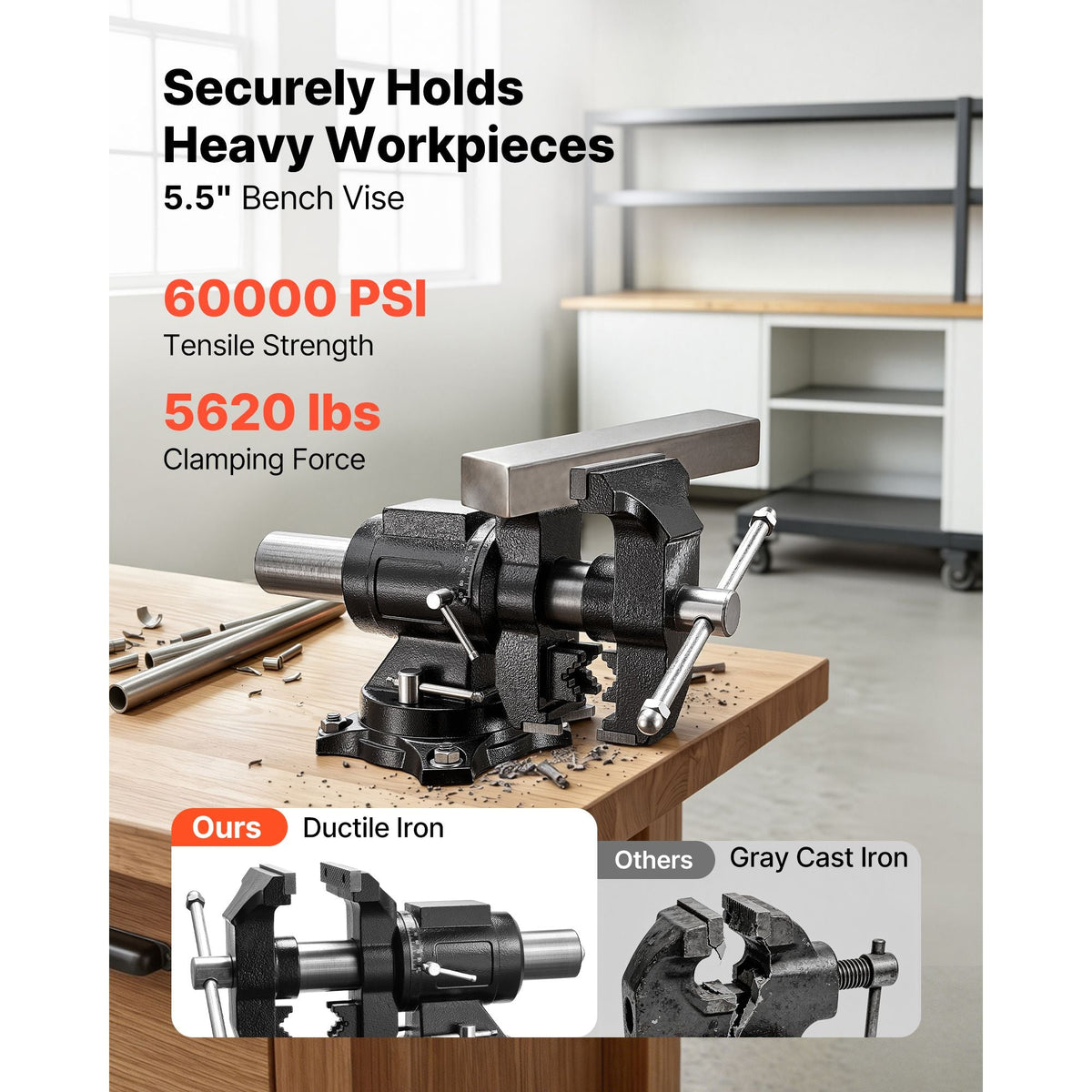 Heavy Duty Bench Vise, 5.5" Jaw Width, Double Swivel Rotating Multi-Purpose Bench Vise, with 360° Locking Swivel Base and Head, 2.76" Throat Depth, 5" Max Jaw Opening, for Drilling Pipe Cutting