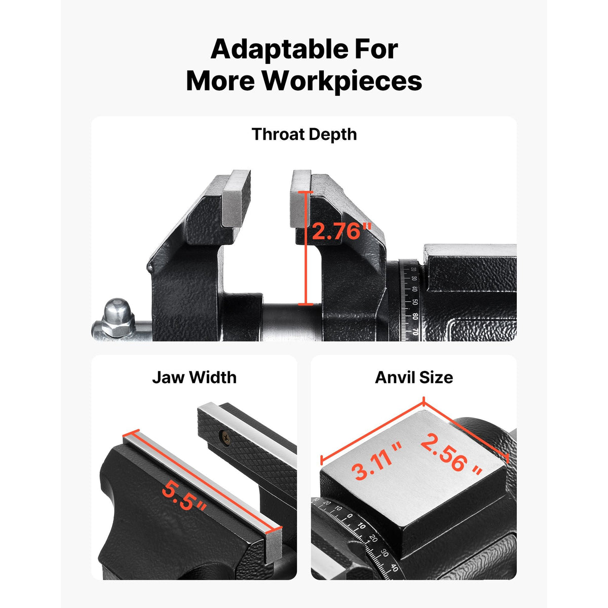 Heavy Duty Bench Vise, 5.5" Jaw Width, Double Swivel Rotating Multi-Purpose Bench Vise, with 360° Locking Swivel Base and Head, 2.76" Throat Depth, 5" Max Jaw Opening, for Drilling Pipe Cutting
