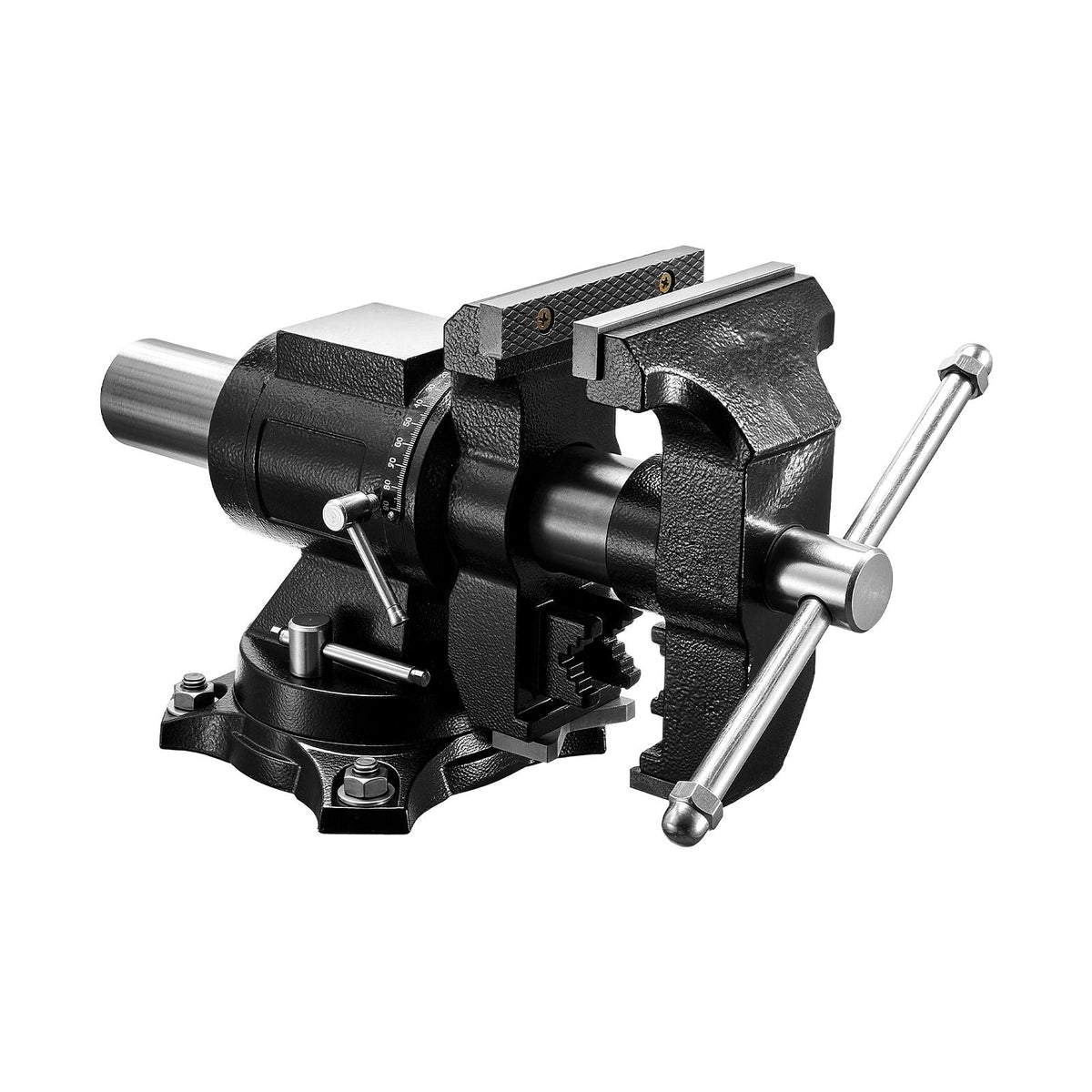 Heavy Duty Bench Vise, 5.5" Jaw Width, Double Swivel Rotating Multi-Purpose Bench Vise, with 360° Locking Swivel Base and Head, 2.76" Throat Depth, 5" Max Jaw Opening, for Drilling Pipe Cutting