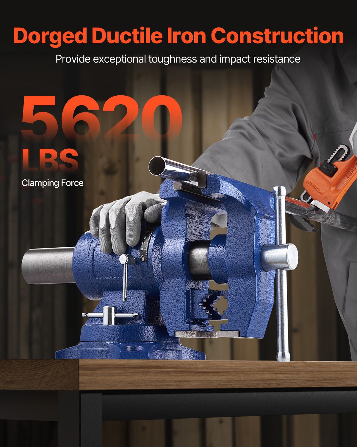 Heavy Duty Bench Vise, 6-1/2" Jaw Width, 5" Max Jaw Opening Multi-Purpose Ductile Iron Bench Vise with Anvil, 360° Swivel Base Head, 3" Throat, 5620 lbs Clamp Force