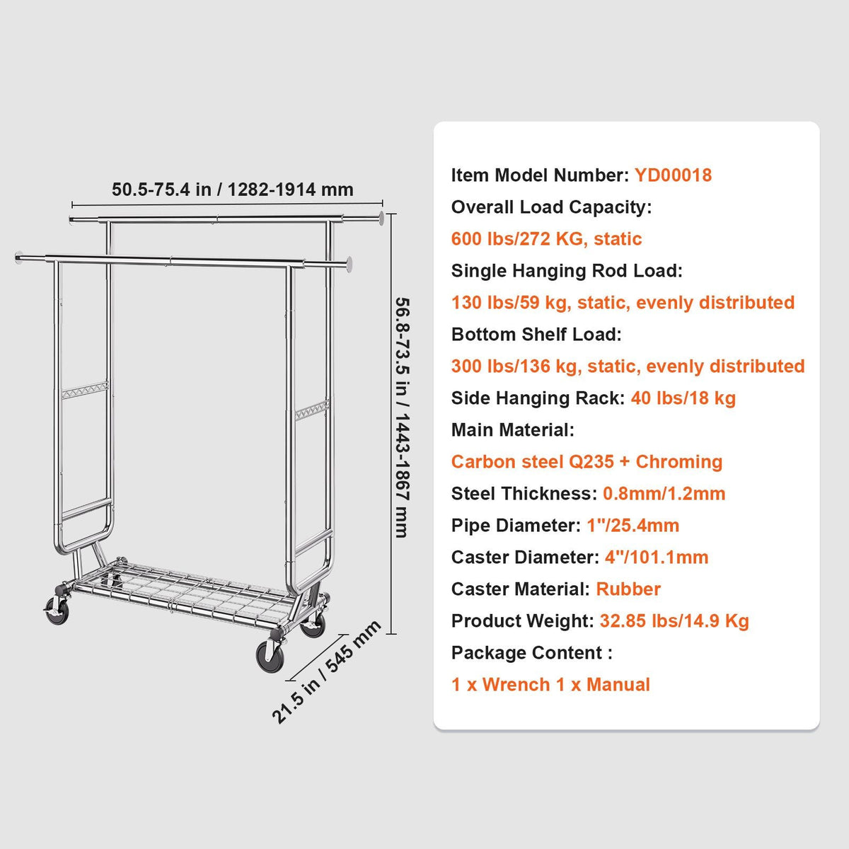 Heavy Duty Clothes Rack, Double Hanging Rod Clothing Garment Rack for Hanging Clothes, Adjustable Height and Extendable Length Clothing Rack with Bottom Storage Area, 600 lbs Load Capacity